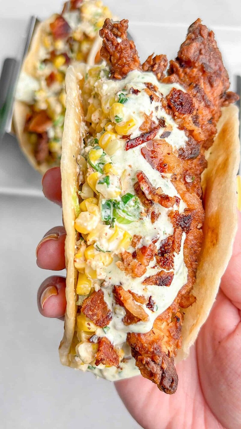Fried Chicken Street Corn Taco with Jalapeno Lime Ranch